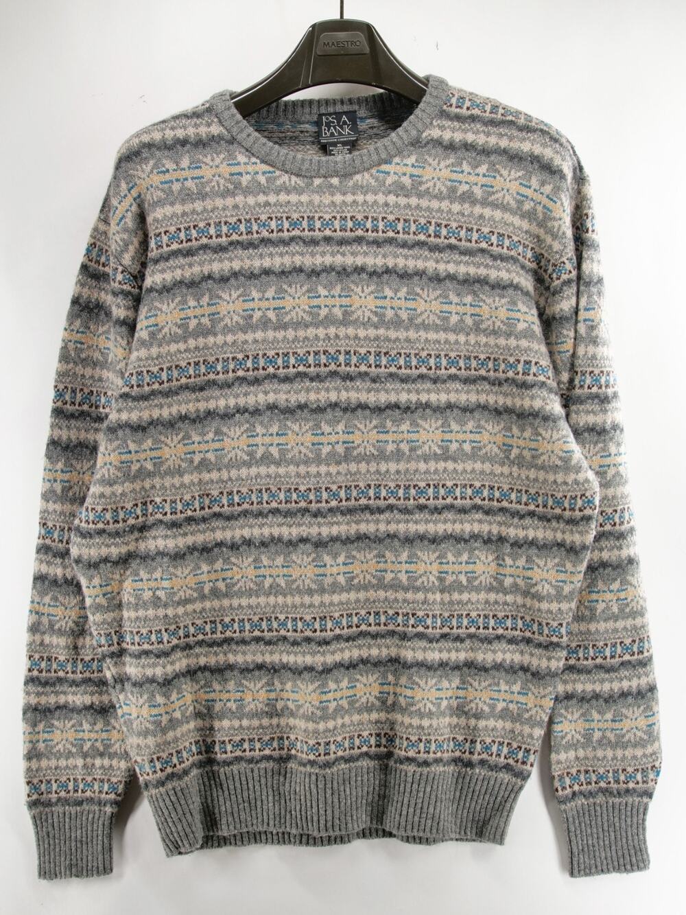 Jos A Bank Fair Isle Sweater Mens XL Gray Lambswool Blend Crewneck Patterned